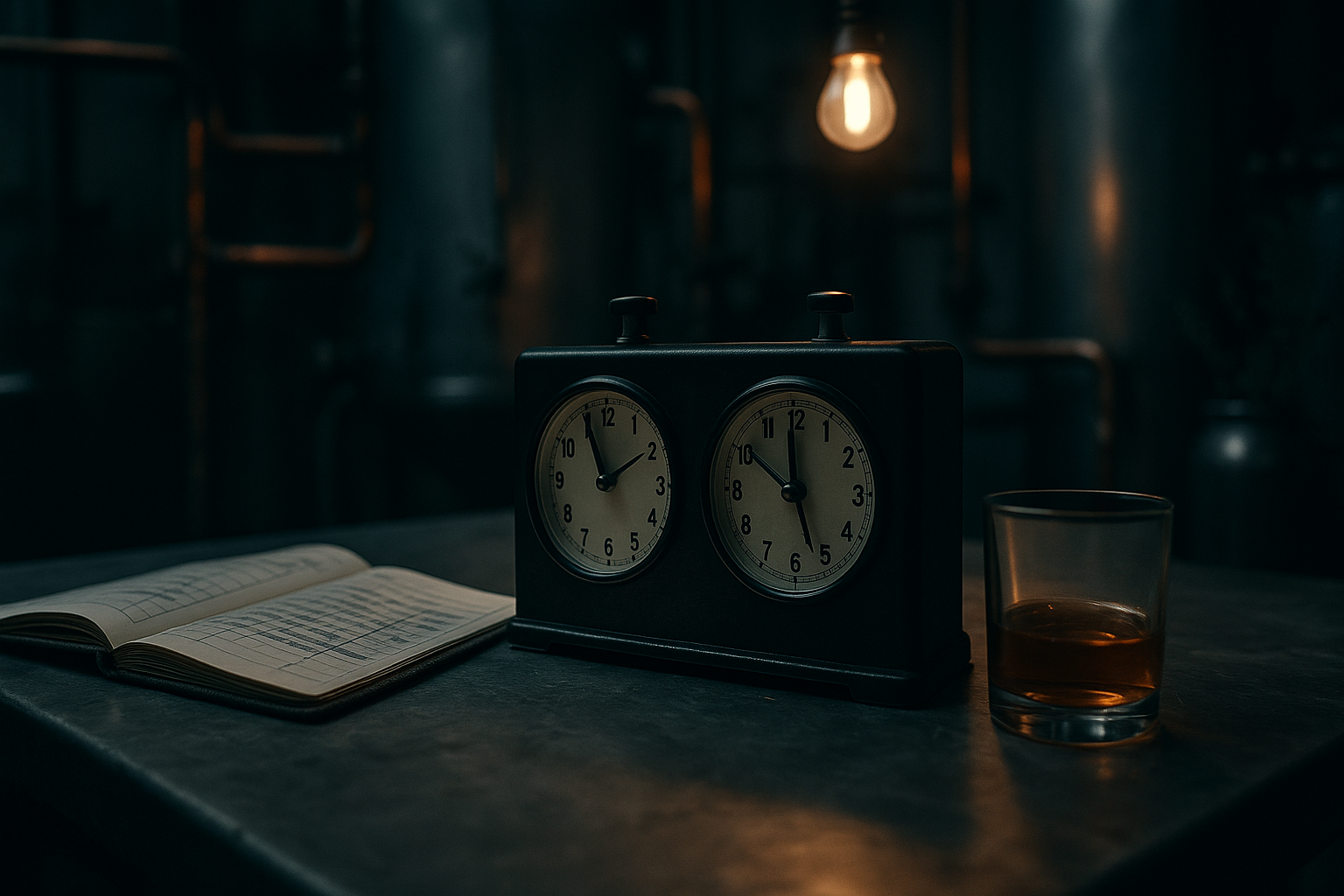 Stainless steel workbench with a QA clipboard, a laptop with blurred dashboards, and a small glass vial under moody workshop lighting.