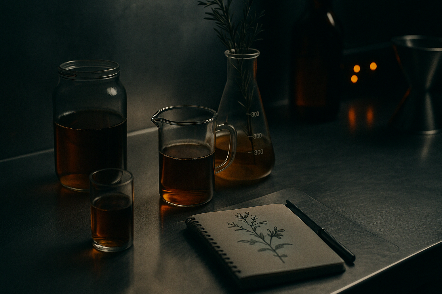 Moody workshop desk with laptop showing blurred dashboard, scattered handwritten notes, botanical ingredients, and warm amber lighting