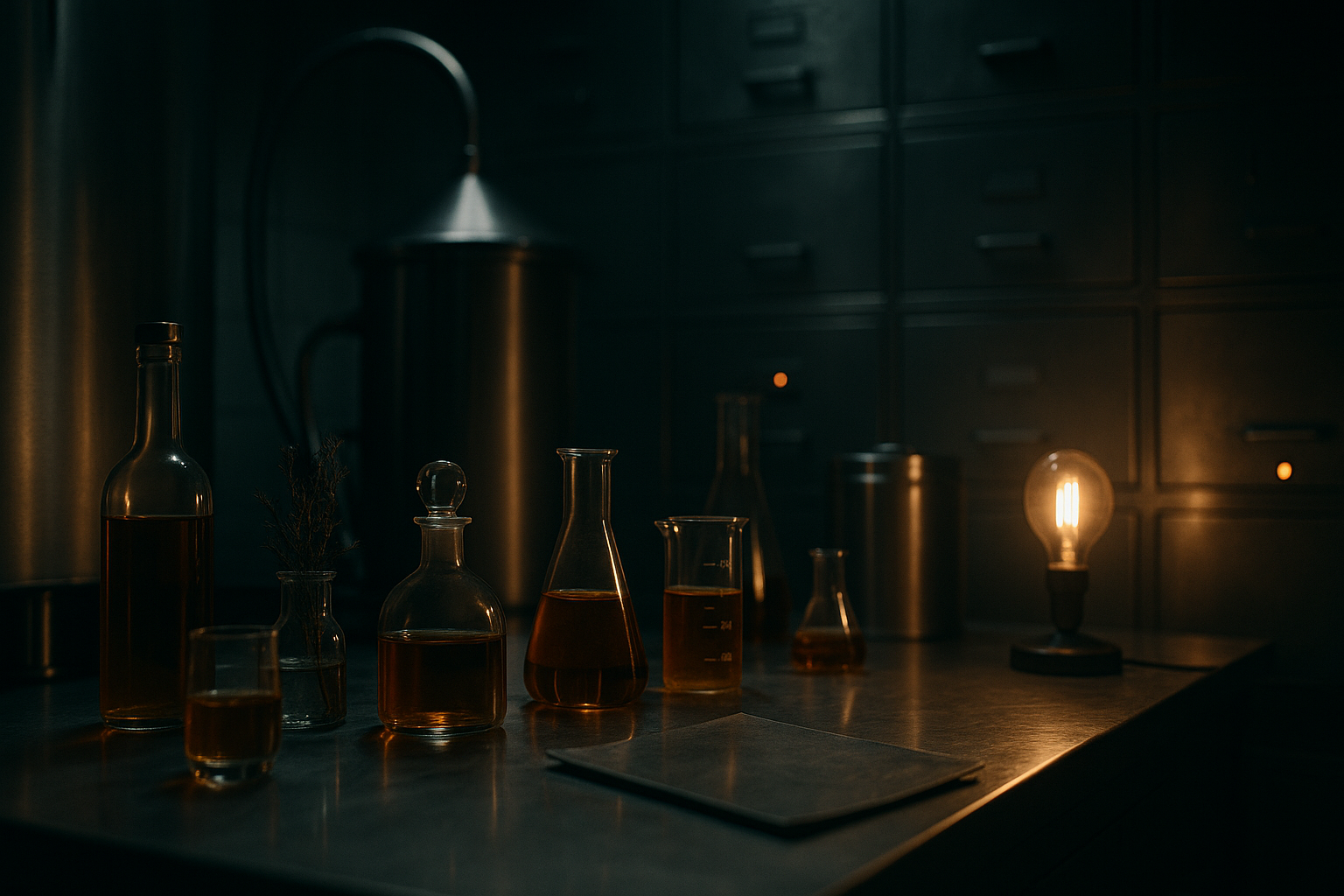 Laptop on a brushed stainless steel workbench with a tasting pipette and a glass of amber liquid, lit by moody workshop lighting.