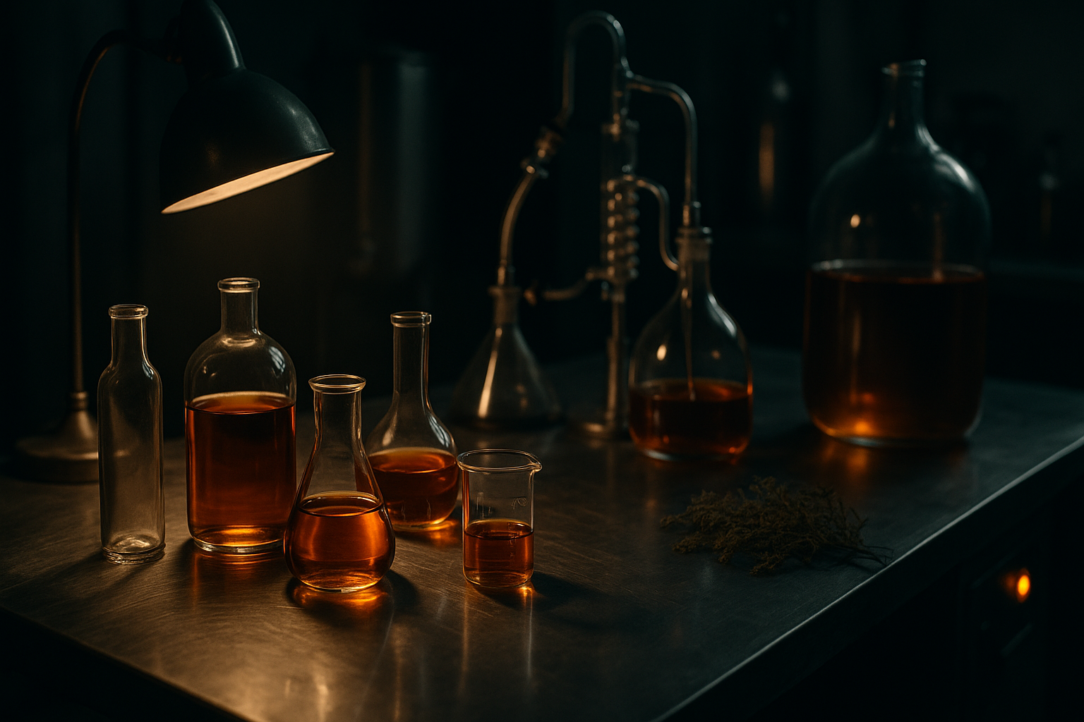 Code editor on laptop with craft distillery tools including copper jigger and botanical samples under moody workshop lighting