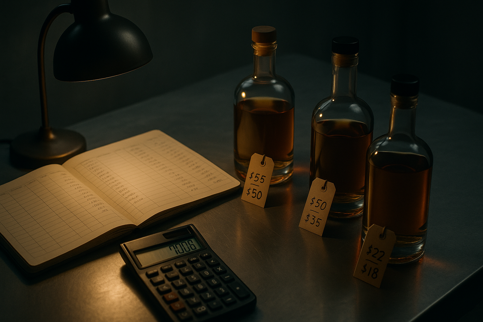 A bar owner's desk after closing, with a calculator, an open ledger, and three spirit bottles carrying handwritten price tags, lit by a single amber desk lamp.