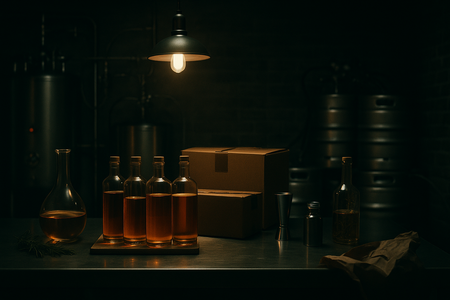 A dimly lit pub cellar at closing time, two identical cases of bottled cocktails on a wooden pallet, one open for trade, one sealed for retail, under a single amber pendant.
