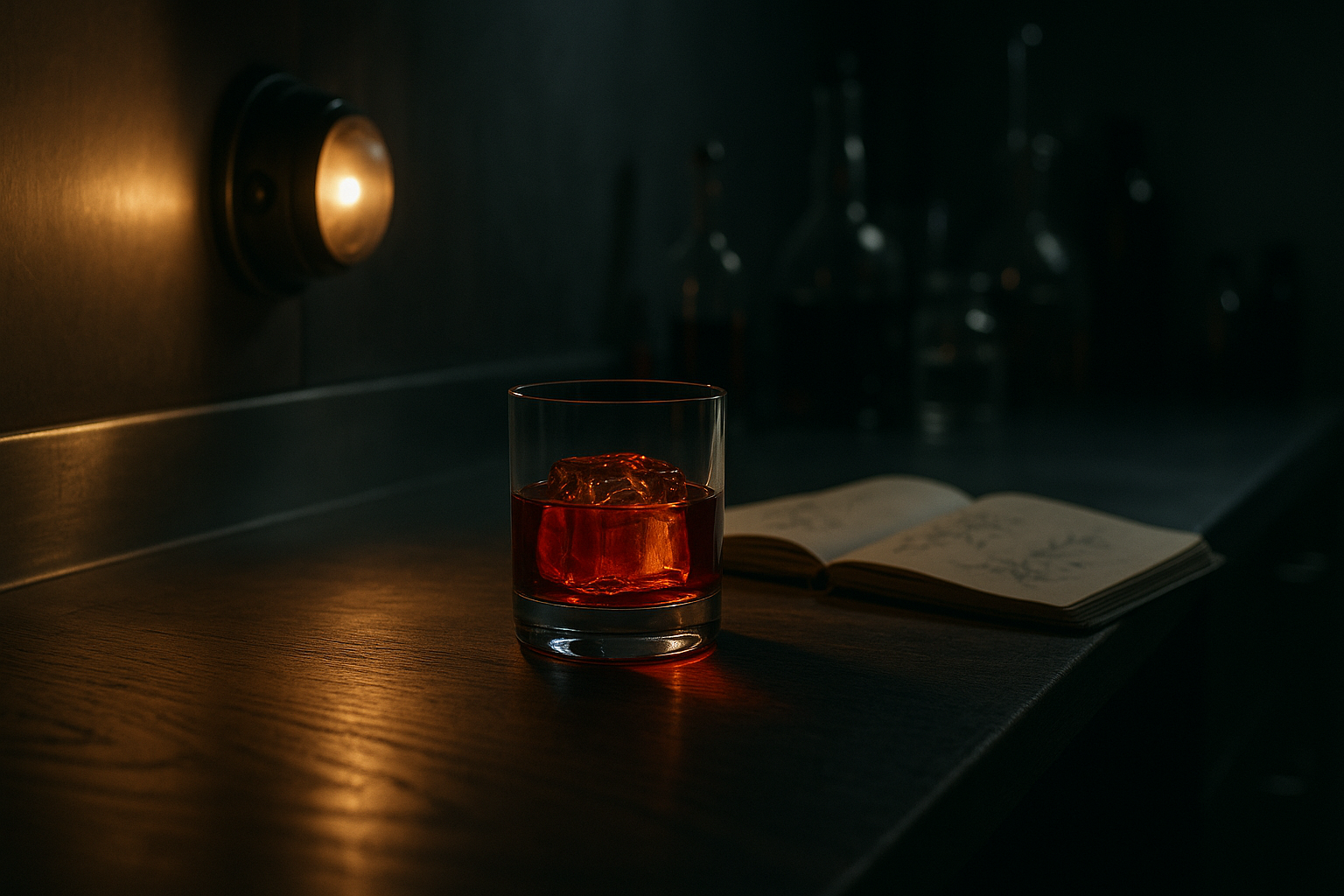 Tasting glasses of amber and ruby amaro samples with handwritten tasting notes on brushed steel bar top under moody lighting