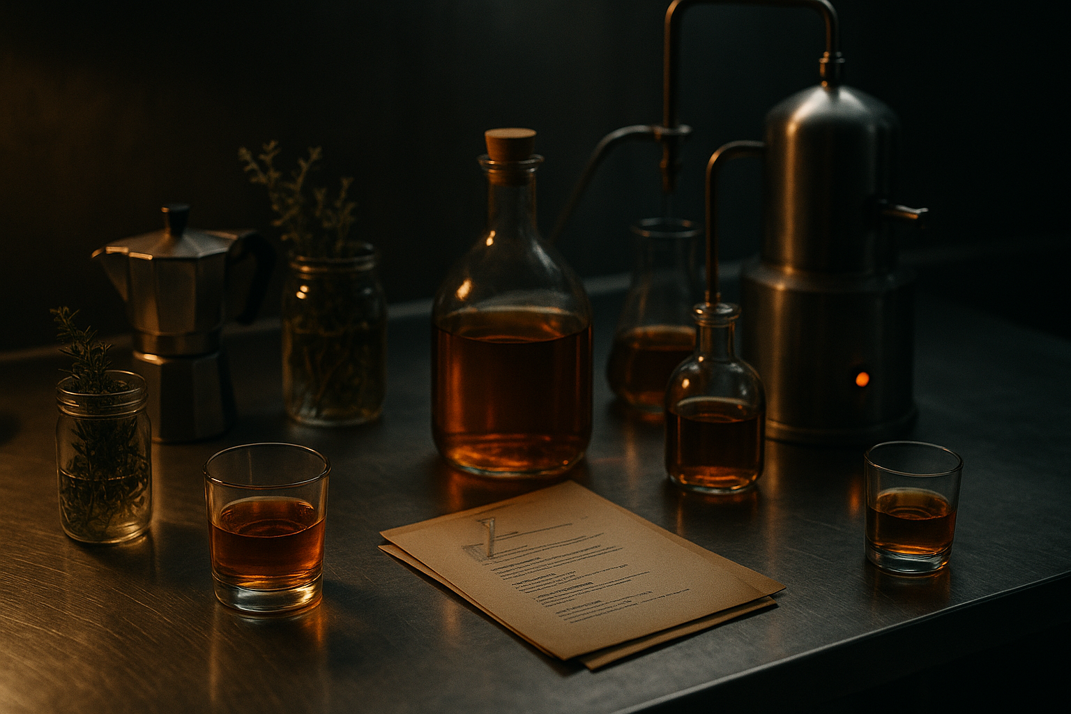 Tasting glasses of amber and ruby amaro samples with handwritten tasting notes on brushed steel bar top under moody lighting
