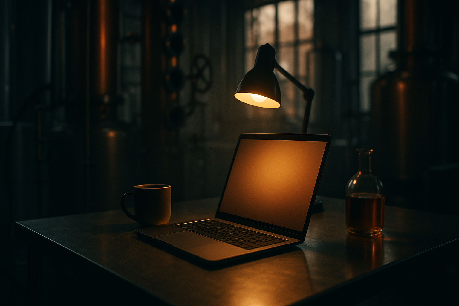 Notebook and pen beside a glass of amber spirit on a wooden workbench in a craft distillery, empty chair suggesting contemplation
