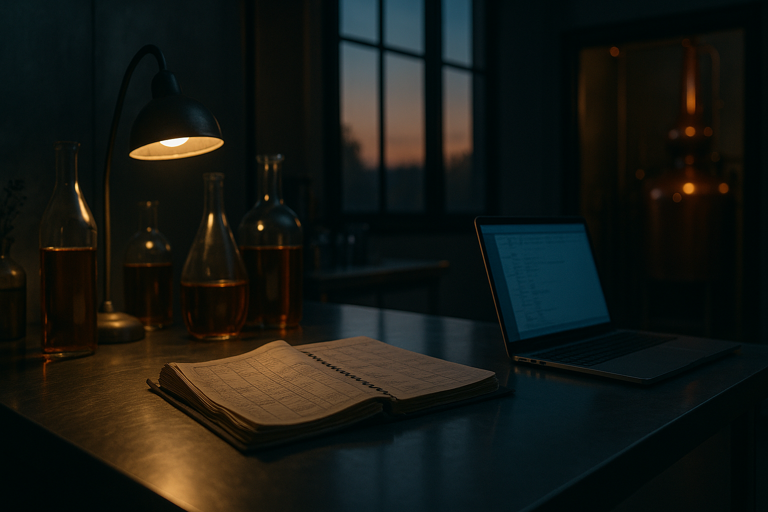 Dark workshop bar with copper still, botanical specimens in glass jars, and warm amber lighting with moody cinematic atmosphere
