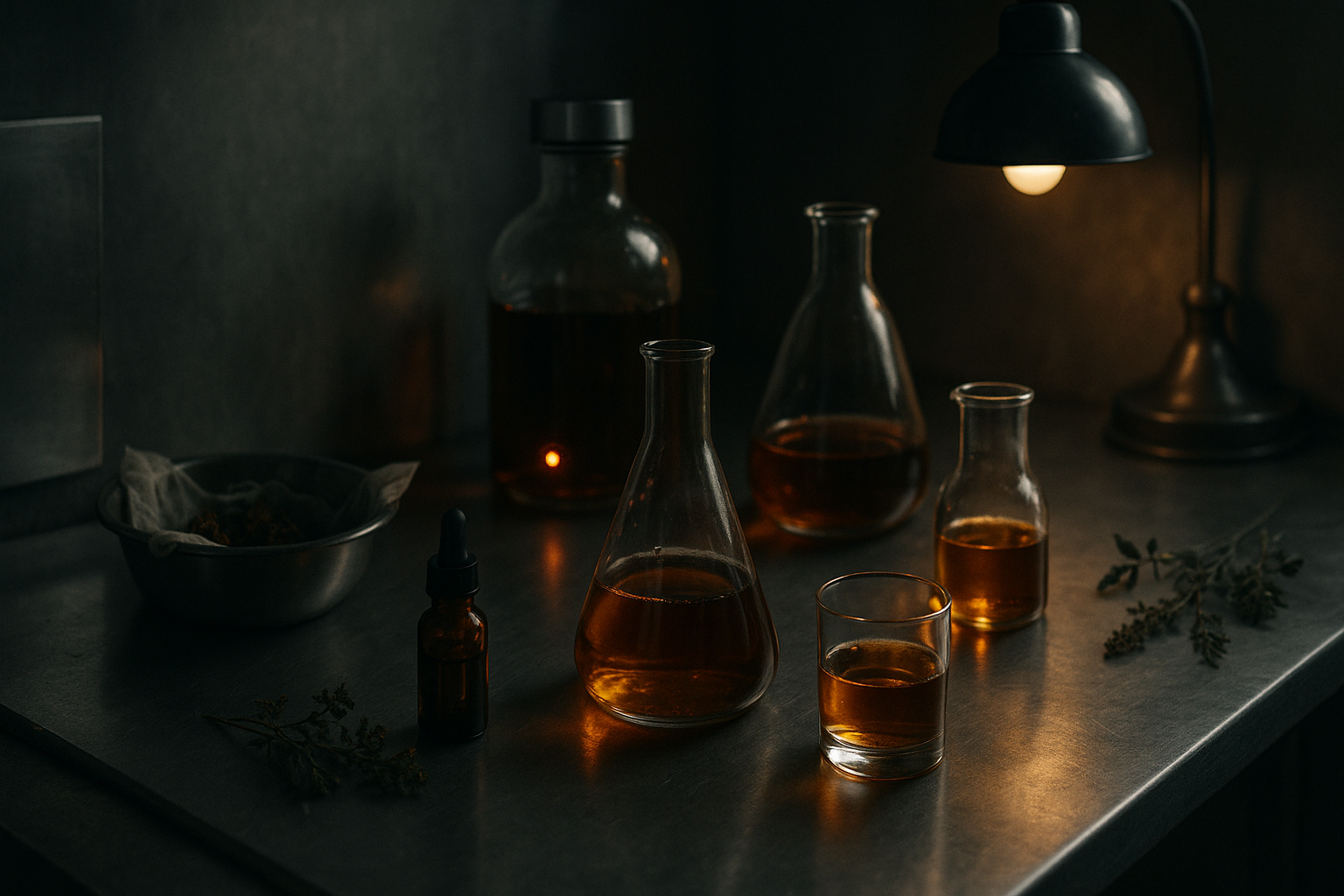 Dark executive desk with laptop, robot figurine, miniature botanical bottles, and moody cinematic lighting