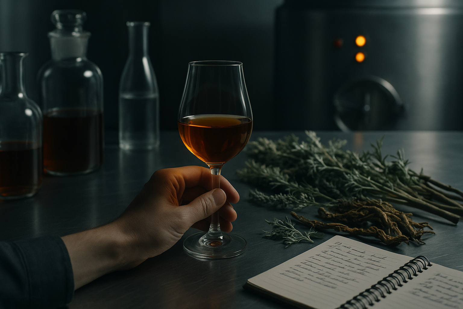 Hands holding a glass of amber vermouth against a backdrop of raw botanicals including wormwood and gentian root, with a notebook of handwritten tasting notes visible.