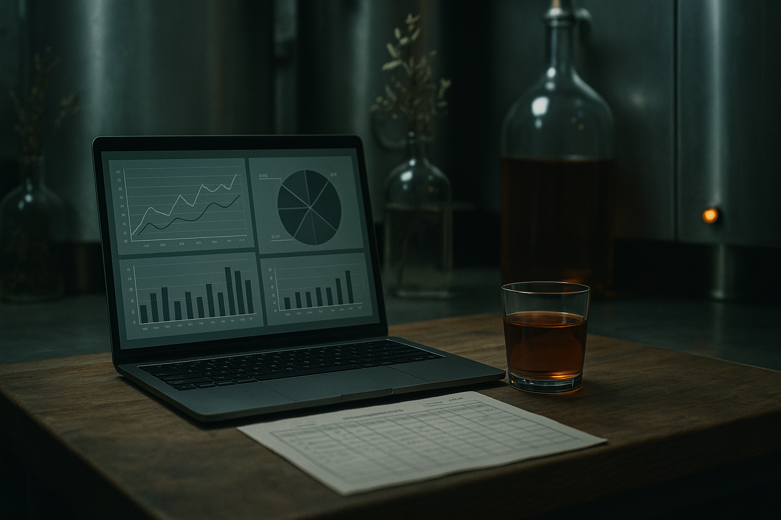 A laptop displaying data visualisation charts next to a handwritten production schedule and a glass of English vermouth on a wooden workbench.