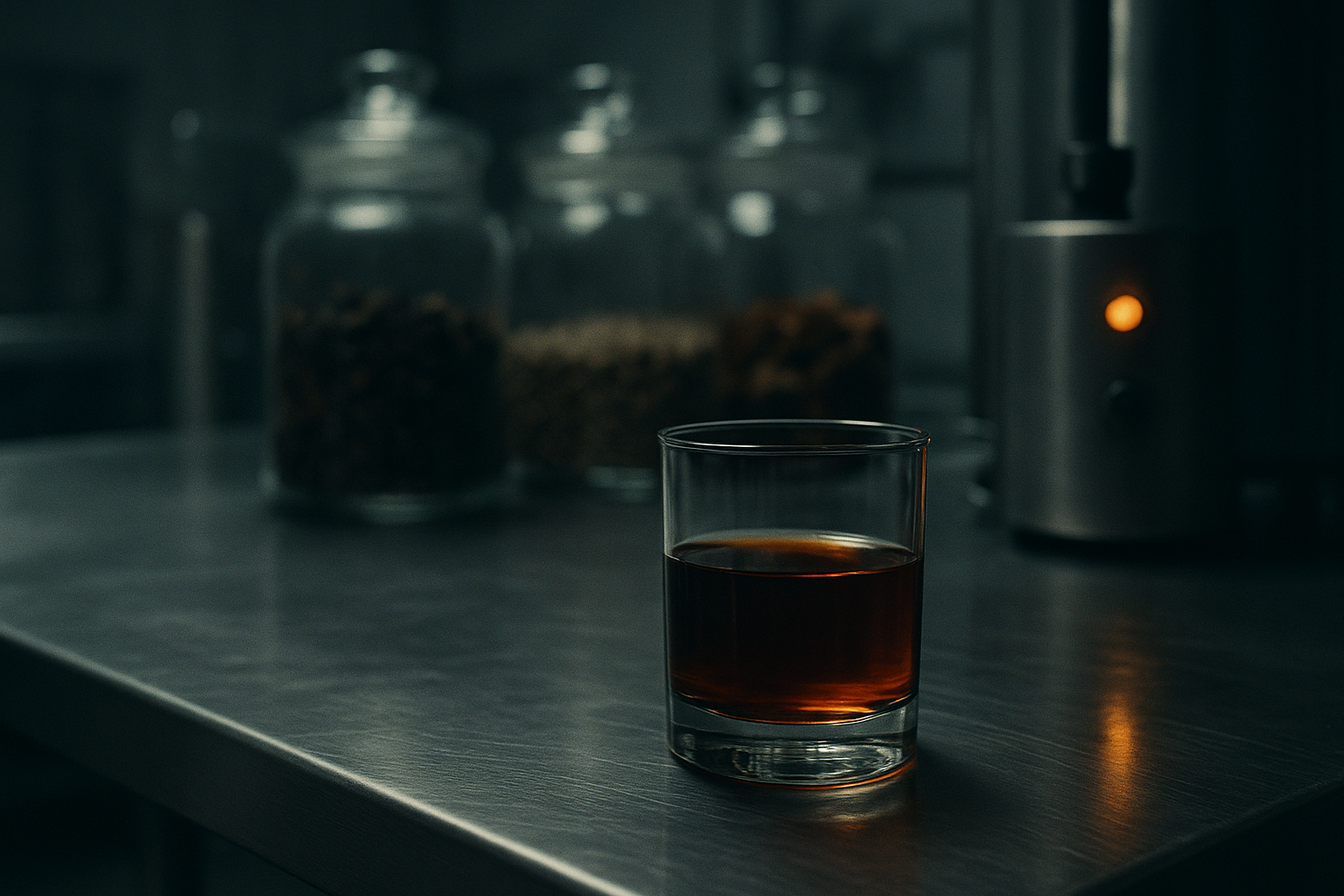 Close-up of a glass of dark amber vermouth on a stainless steel production bench, with botanical jars blurred in the background