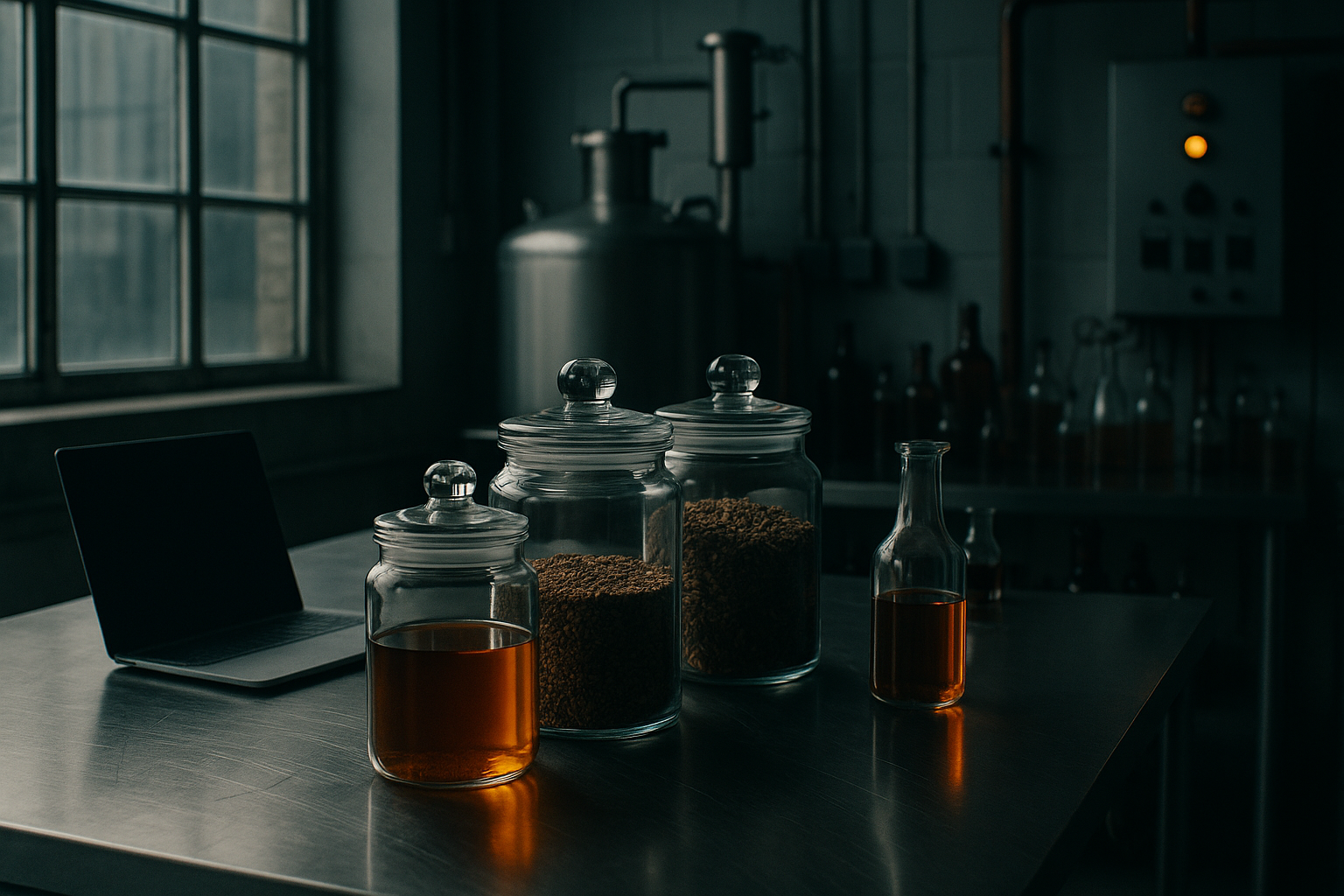 Rob Berry at a production bench in the South London Asterley Bros workshop, a laptop open beside botanical jars, morning light through industrial windows