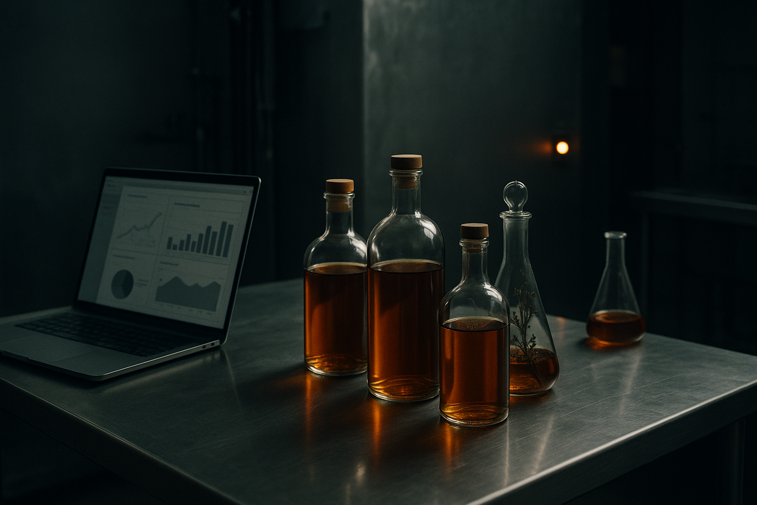 A laptop showing analytics on a desk next to glass bottles of vermouth, South London workshop, moody amber light, cinematic depth of field