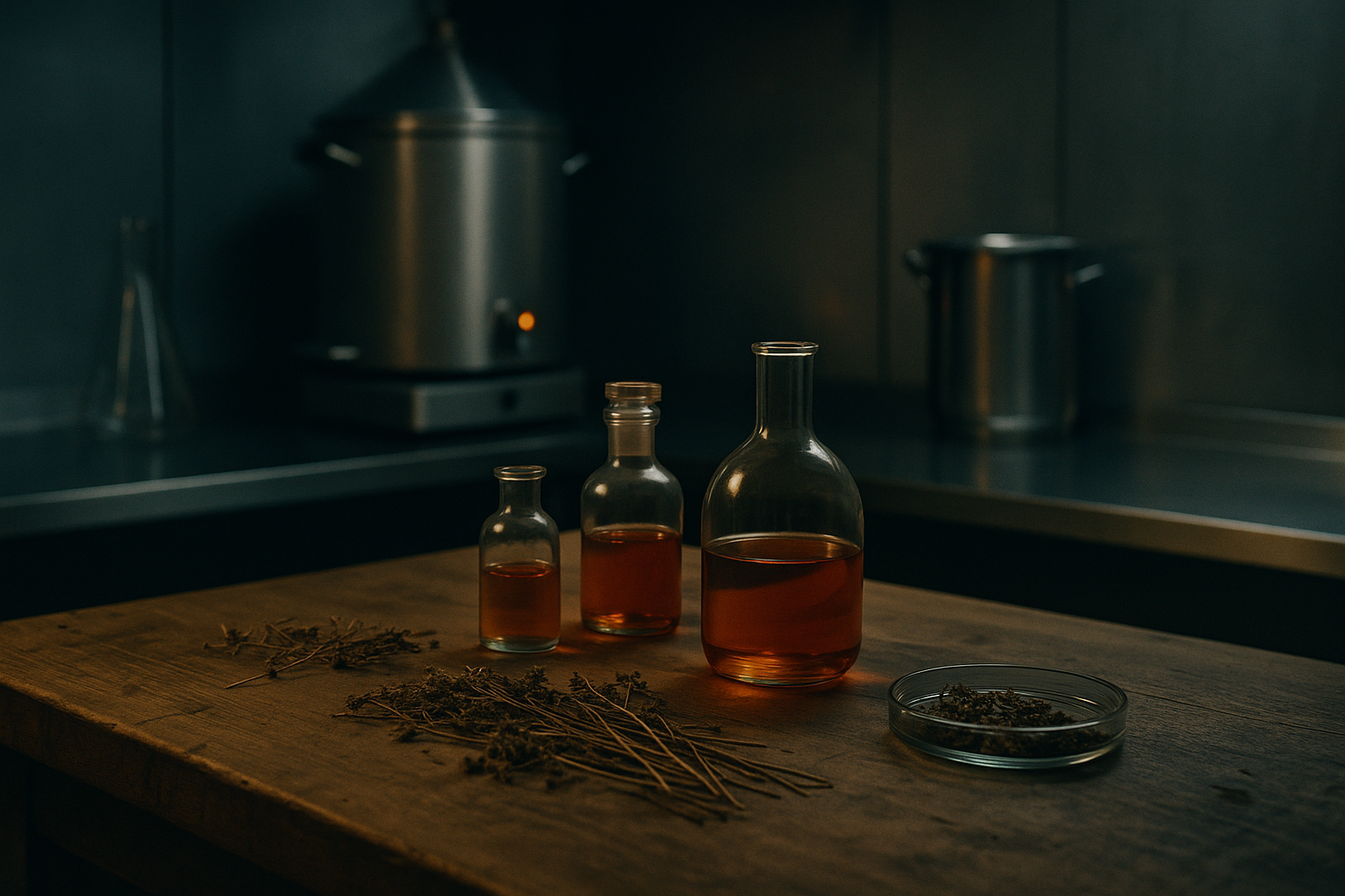 Dried botanicals arranged on a wooden workbench in a South London workshop, warm amber light, cinematic shallow depth of field