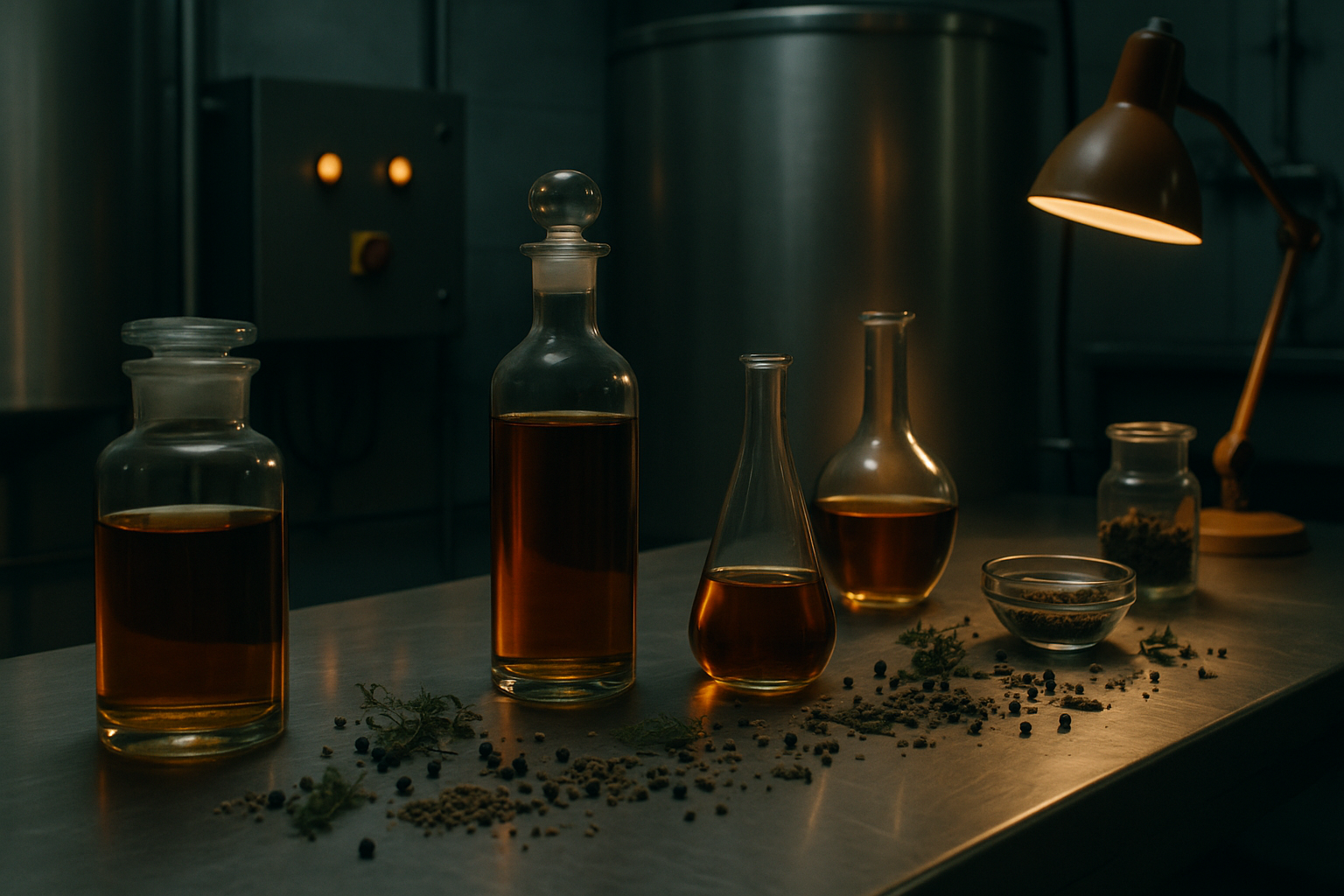 A South London craft drinks production scene relevant to: Build Log on demand planning build vs buy. Brushed stainless steel, scattered botanicals, warm amber practical lighting.