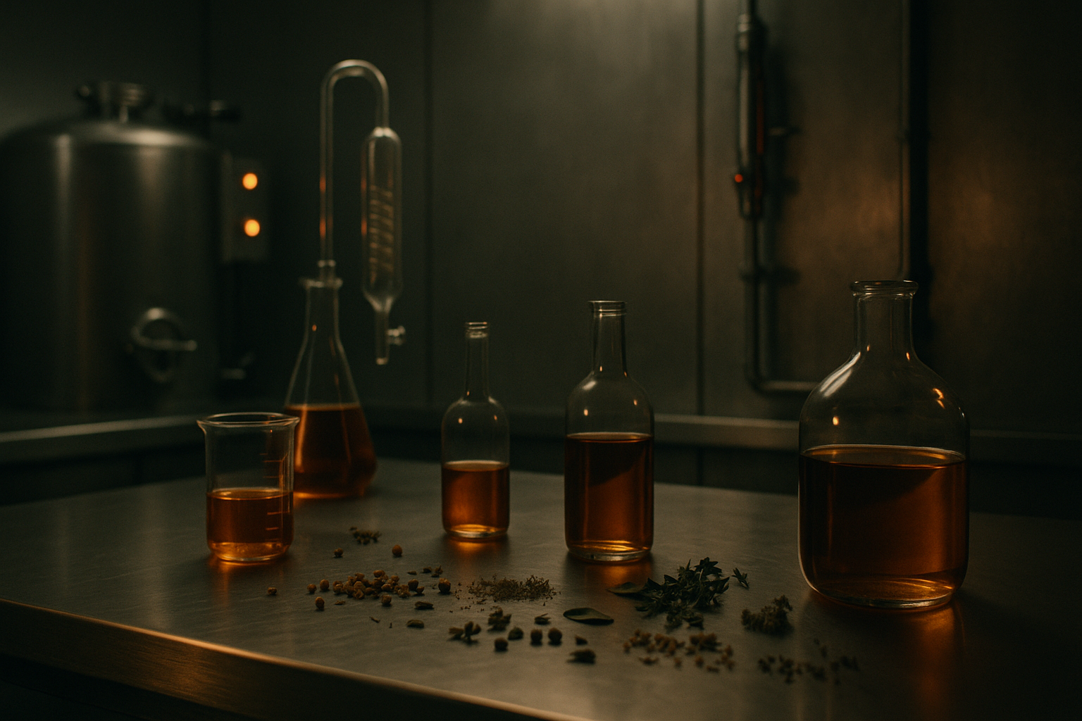 A South London craft drinks production scene relevant to: Build Log on maker vs machine craft line. Brushed stainless steel, scattered botanicals, warm amber practical lighting.