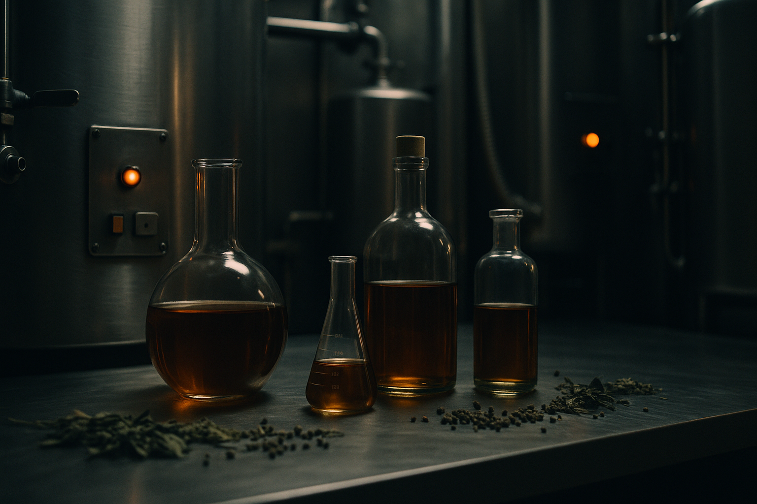 A South London craft drinks production scene relevant to: Build Log on ai adoption backwards drinks. Brushed stainless steel, scattered botanicals, warm amber practical lighting.
