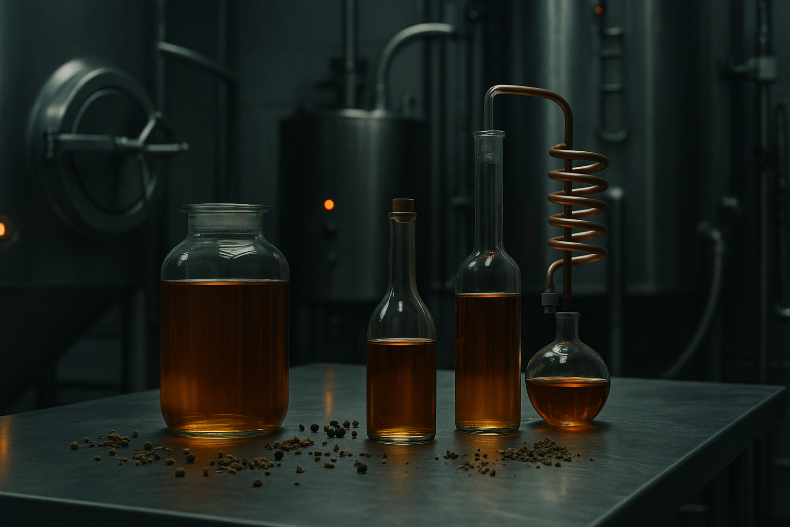 A South London craft drinks production scene relevant to: Build Log on four layers trustworthy ai drinks. Brushed stainless steel, scattered botanicals, warm amber practical lighting.
